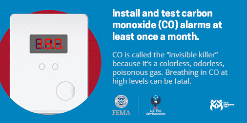 Animated graphic showing alarm sounding with message to install and check CO alarms monthly