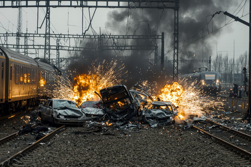 Fake cars explosions on railroad tracks near trains