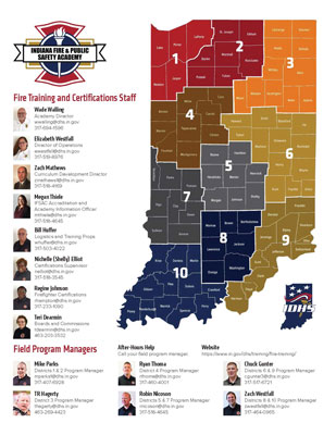Map of Indiana counties with color-coded districts with numbers and people's contact info