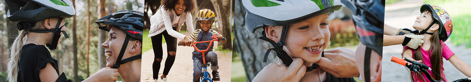 Photos of children getting bike helmets put on them