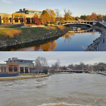 Above: Before shot of river scene; Below: Shot of river with high water