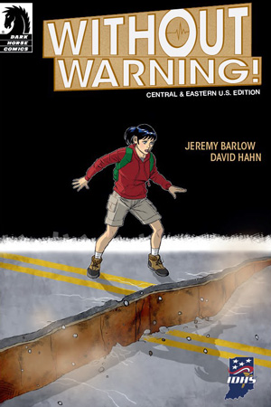 Comic book cover of person standing on edge of broken road
