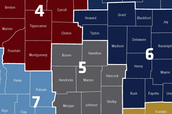Map of Indiana counties with color-coded districts with numbers