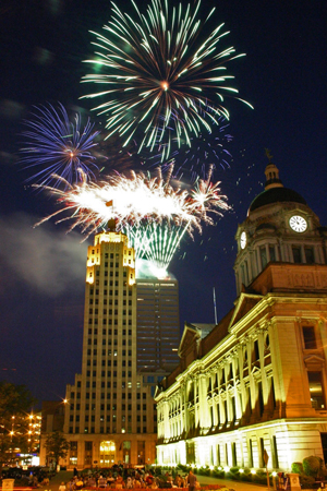 Fireworks display on tall building