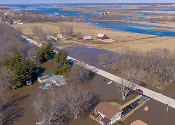 Rural area fields and houses flooding