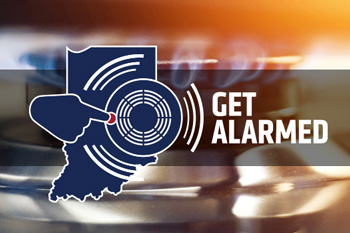 Smoke alarm, stove burner, house on fire with Get Alarmed logo over all