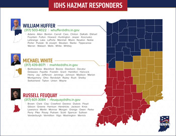 Indiana map with hazmat specialist regions