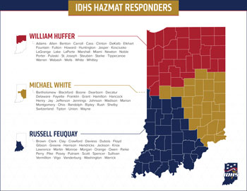 Indiana map with hazmat specialist regions