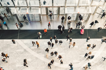 Aerial view of people in mall entrance area