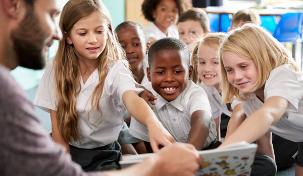 School students pointing