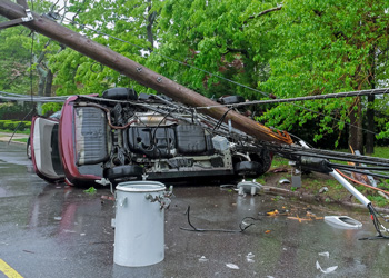 Car overturned with power lines down