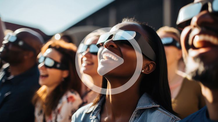 People smiling with eclipse sunglasses on and a video Play symbol