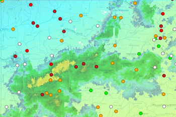 Screenshot of map with stormy weather doppler illustration and markers