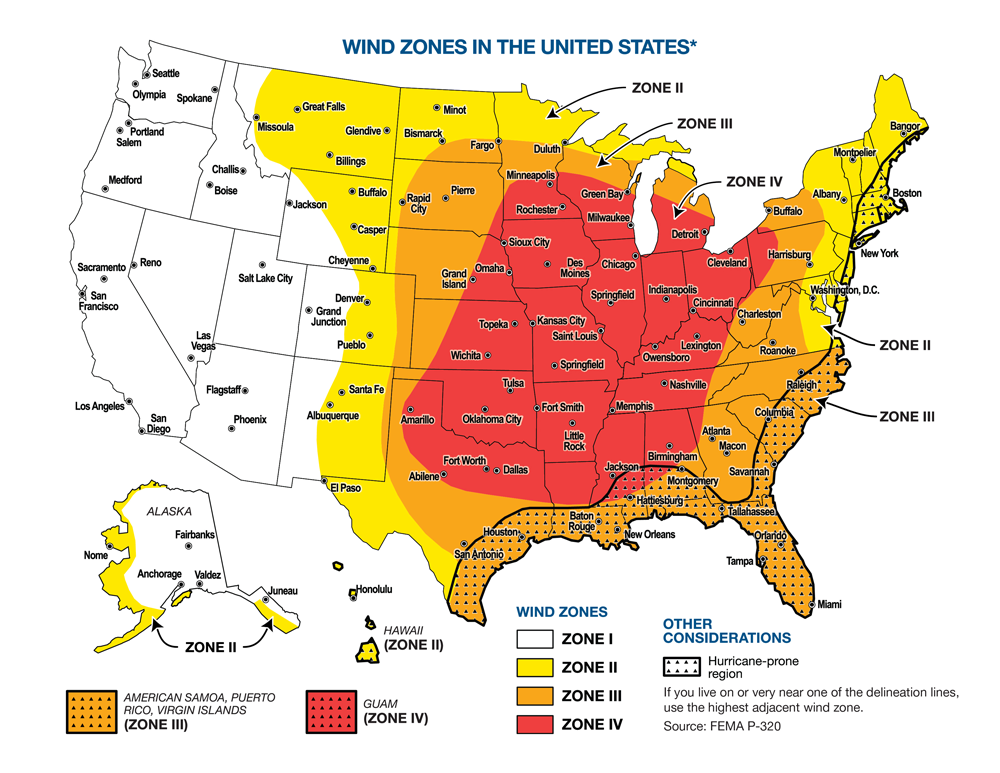 Wind zones map of USA