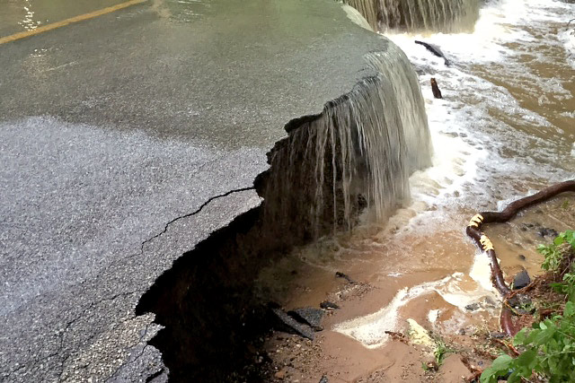 Water running over roadway and causing erosion