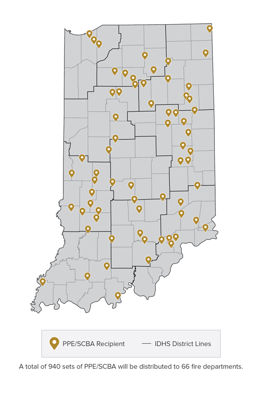 Indiana map of volunteer fire departments receiving PPE