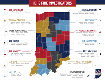 Indiana map with fire investigator regions