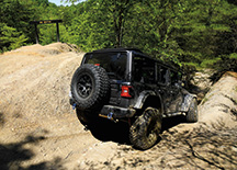 A Jeep heads down Big Bertha. Challenge areas are placed throughout Redbird; the largest lies within Trail 3’s loop. Challenge areas have few trail markings and quickly shift from being somewhat easy to extremely difficult.