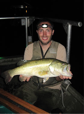 DNR fisheries management staff completing a nighttime electrofishing survey at Little Long Lake (Noble County).