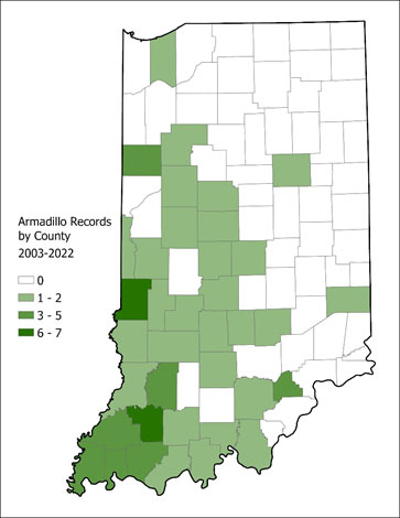 Indiana armadillo map by county