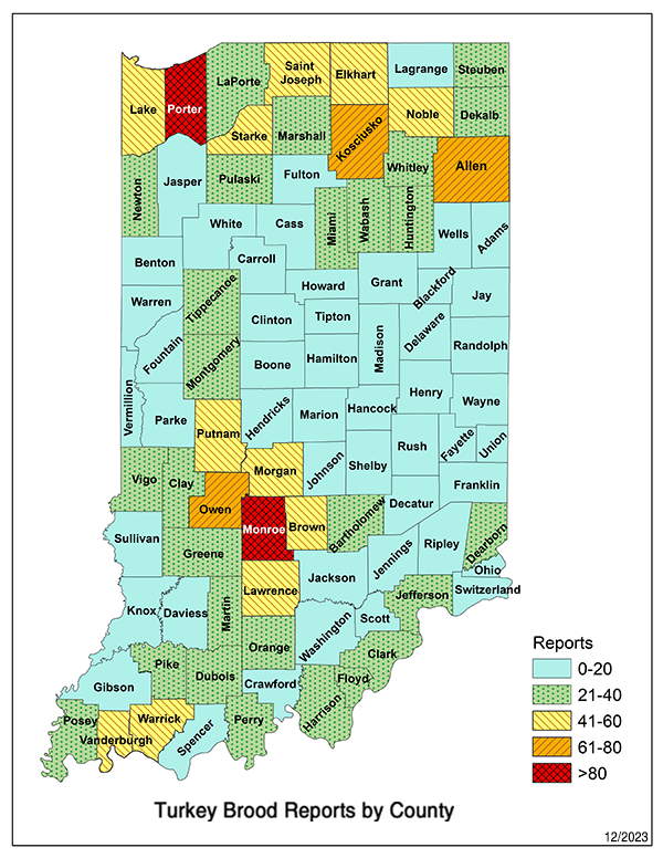 Map showing Indiana turkey brood reports by county