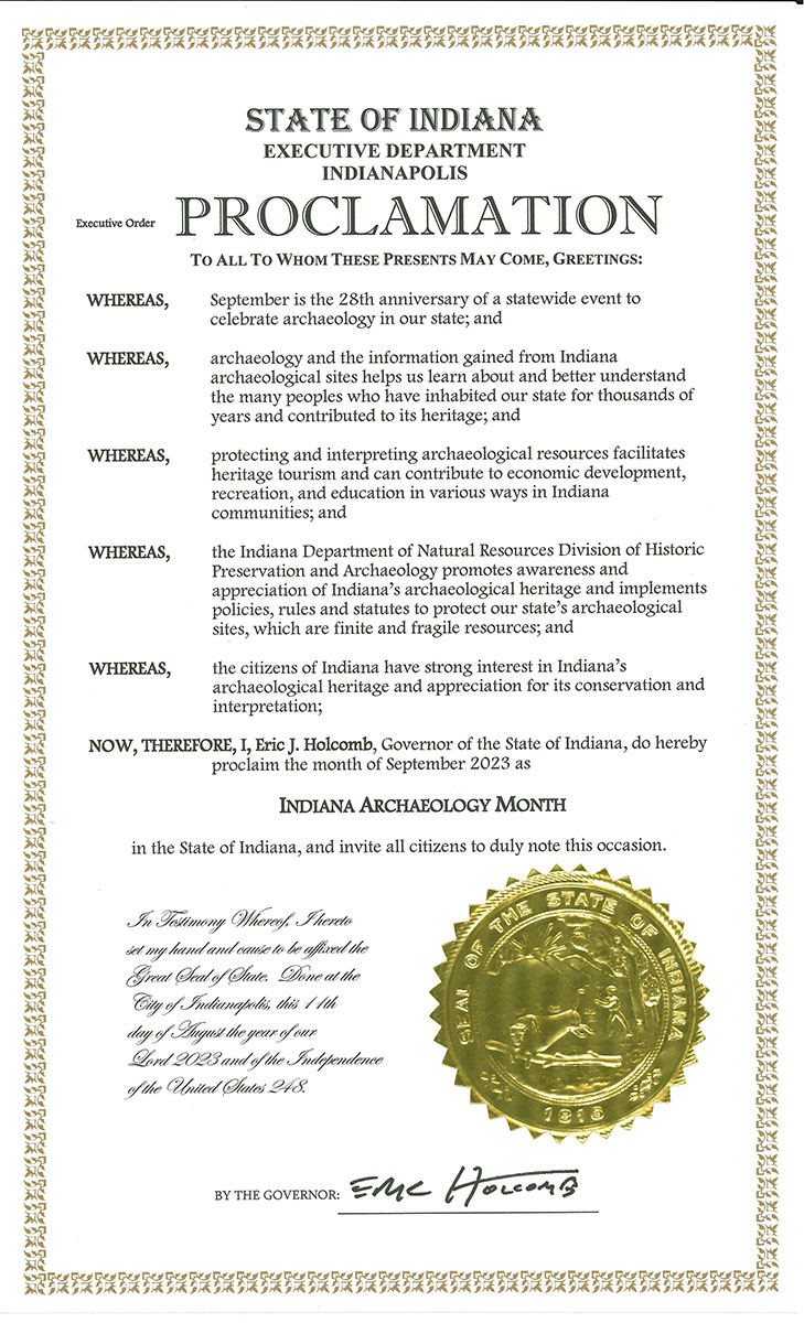 State of Indiana Proclamation for Archaeology Month, September 2023, signed by Governor Eric Holcomb