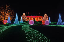 Thousands of lights turn on and off in synchronized waves, appearing to dance with music from the Nutcracker Ballet on the lawn surrounding the old Lilly mansion during Winterlights. Winterlights covers much of Newfields, which comprises the campus, gardens and woods surrounding the Indianapolis Museum of Art and the mansion.