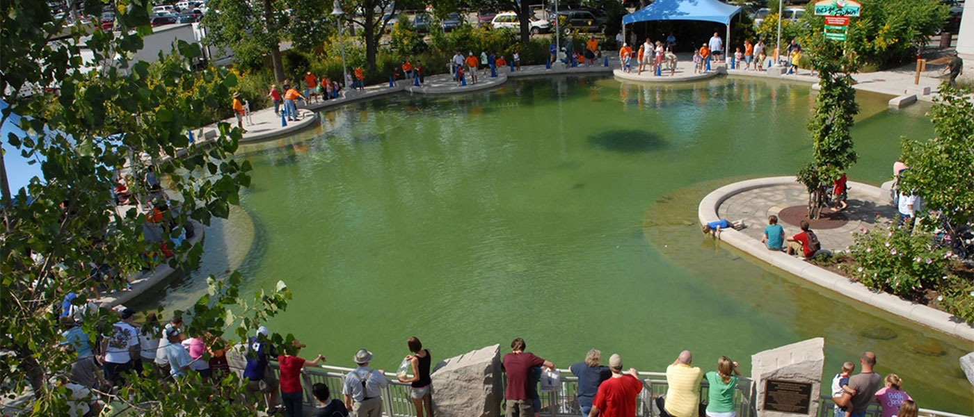 People around pond