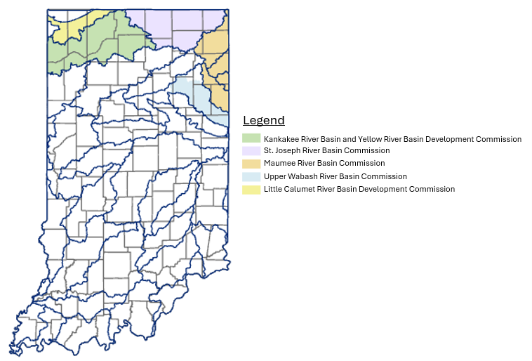 A color-coded map of Indiana showing the locations of existing river basin commissions in the state. All are currently located in Northern Indiana.