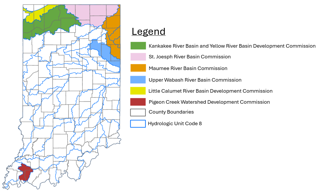 A color-coded map of Indiana showing what basins different committees oversee across the state.