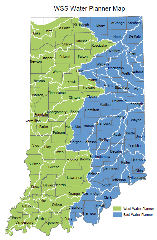 A color-coded map of the state of Indiana showing water planners for the west and east side of the state.
