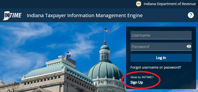 A screenshot of the INTIME home page with the sign up link circled