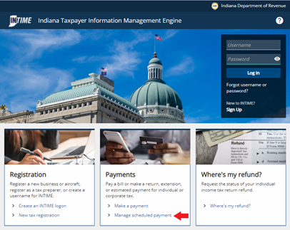 A screenshot of INTIME landing page with manage scheduled payments marked