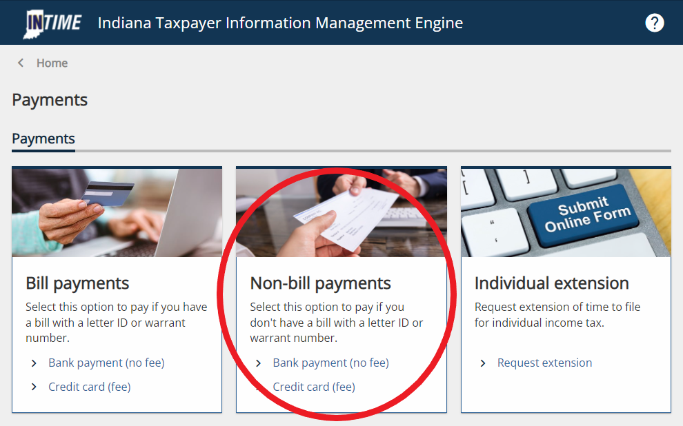 Screenshot of INTIME non-bill payment circled