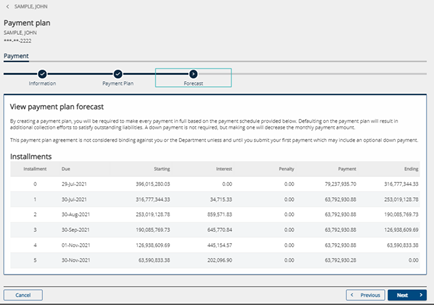 A screenshot of INTIME payment plan information
