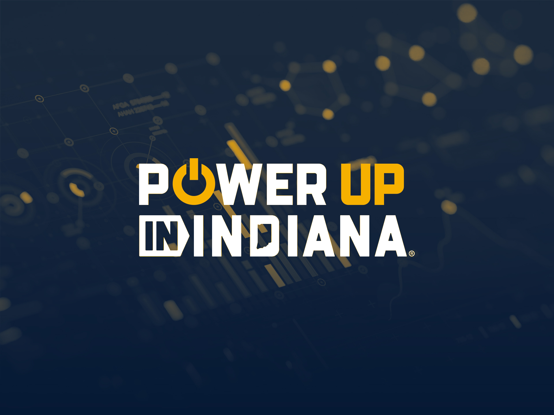 Power Up Indiana Logo positioned over a background image of data and graphs.