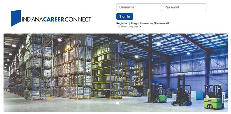 Indiana Career Connect landing page screen shot