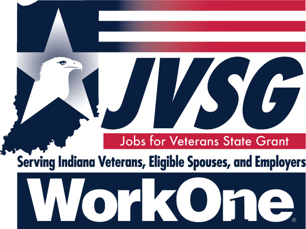 DWD, JVSG Logo; Serving Indiana Veterans, Eligible Spouses, aand Employers
