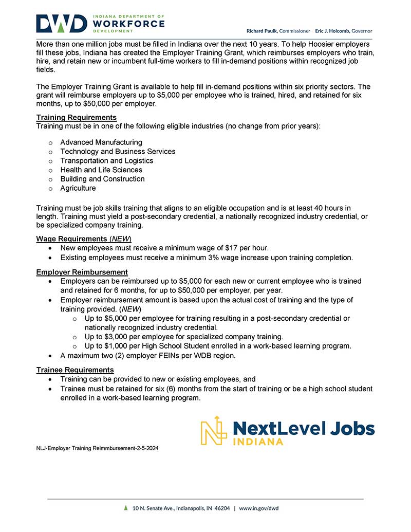 Next Level Jobs ETG Fact Sheet