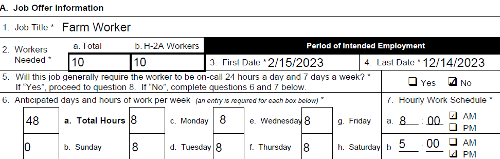 Screenshot exmaple of the job offer information, items 1-7. To see the full version, access the PDF further down on the page.