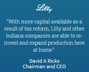  Quote from Lilly Chairman and CEO, David A Ricks: With omore capital available as a result reform, Lilly and other Indiana companies are able to reinvest and expand production here at home.