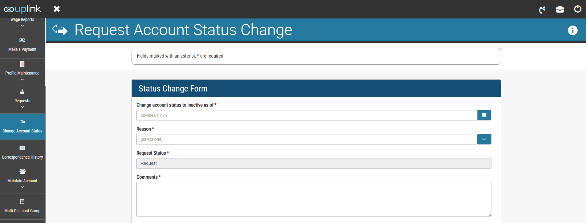 Screenshot of an online form titled "Request Account Status Change," with fields for date, reason, status, and comments.