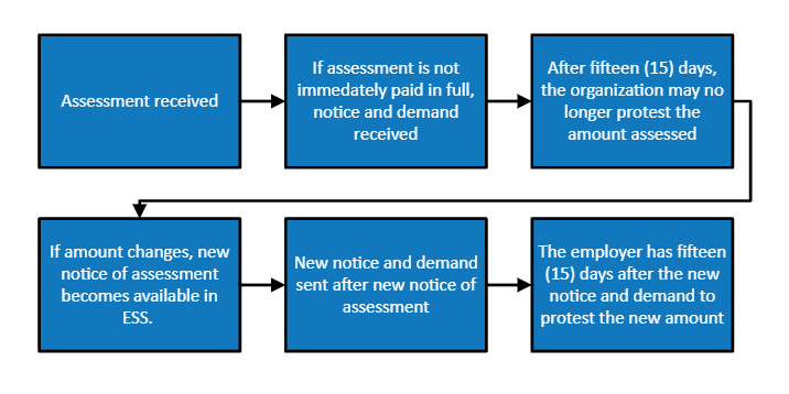 Flowchart showing assessment process. It starts with "Assessment received," then "If not paid in full, notice received," ending with "15 days to protest amount." Changes trigger new notice.