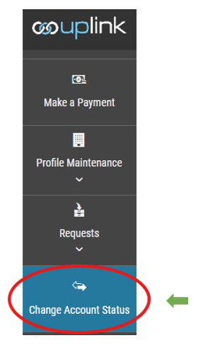 Sidebar menu of a website featuring options like "Make a Payment" and "Profile Maintenance," with "Change Account Status" highlighted.