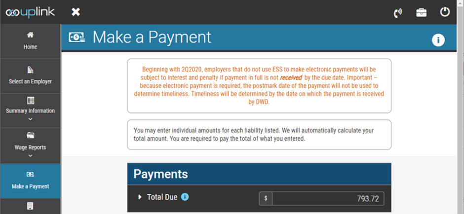 ESS payment page interface displaying a warning about electronic payment requirements and penalties starting 2Q2020. Total due is $793.72. Options for employer selection and wage reports are visible in the sidebar