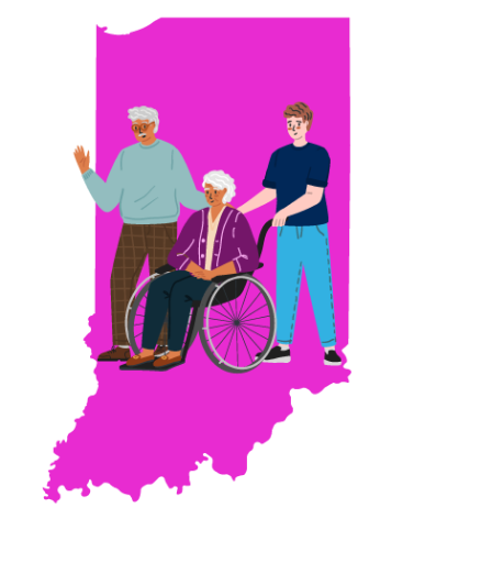 Illustration depicting various people laid over the outline of Indiana.
