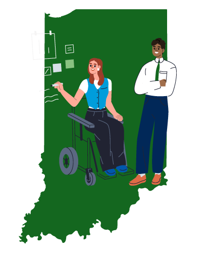 Illustration of a woman in a wheel chair and man standing over the shape of the State of Indiana.