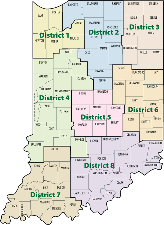 Map of State of Indiana with BDDS districts indicated