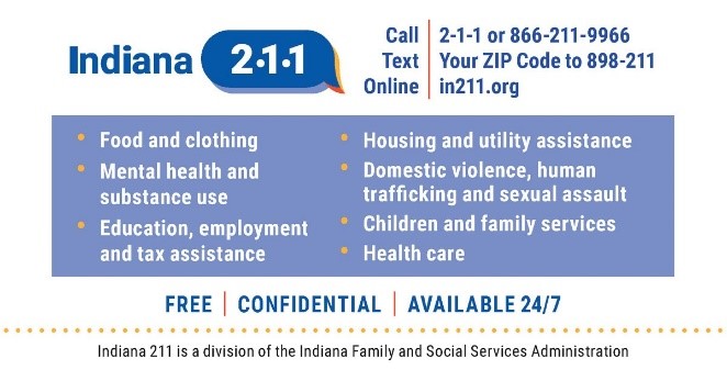 Indiana 211 Free Confidental Available 24/7