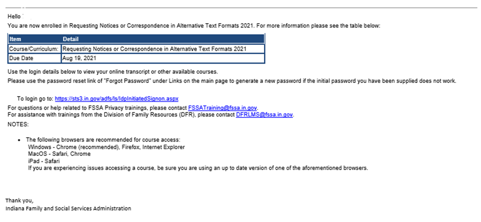 ADA training email screenshot